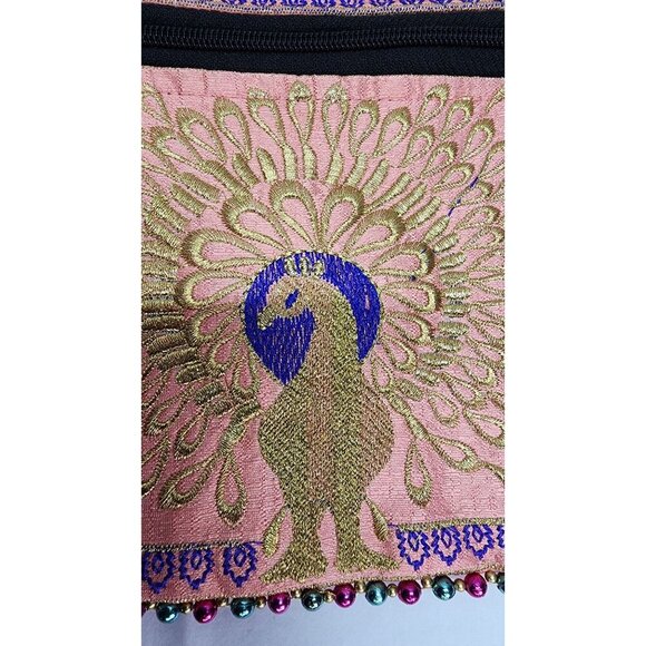 Pink Embroidered Peacock Crossbody Bag With Rainbow Beaded Strap & Zipper Pocket - Picture 8 of 10